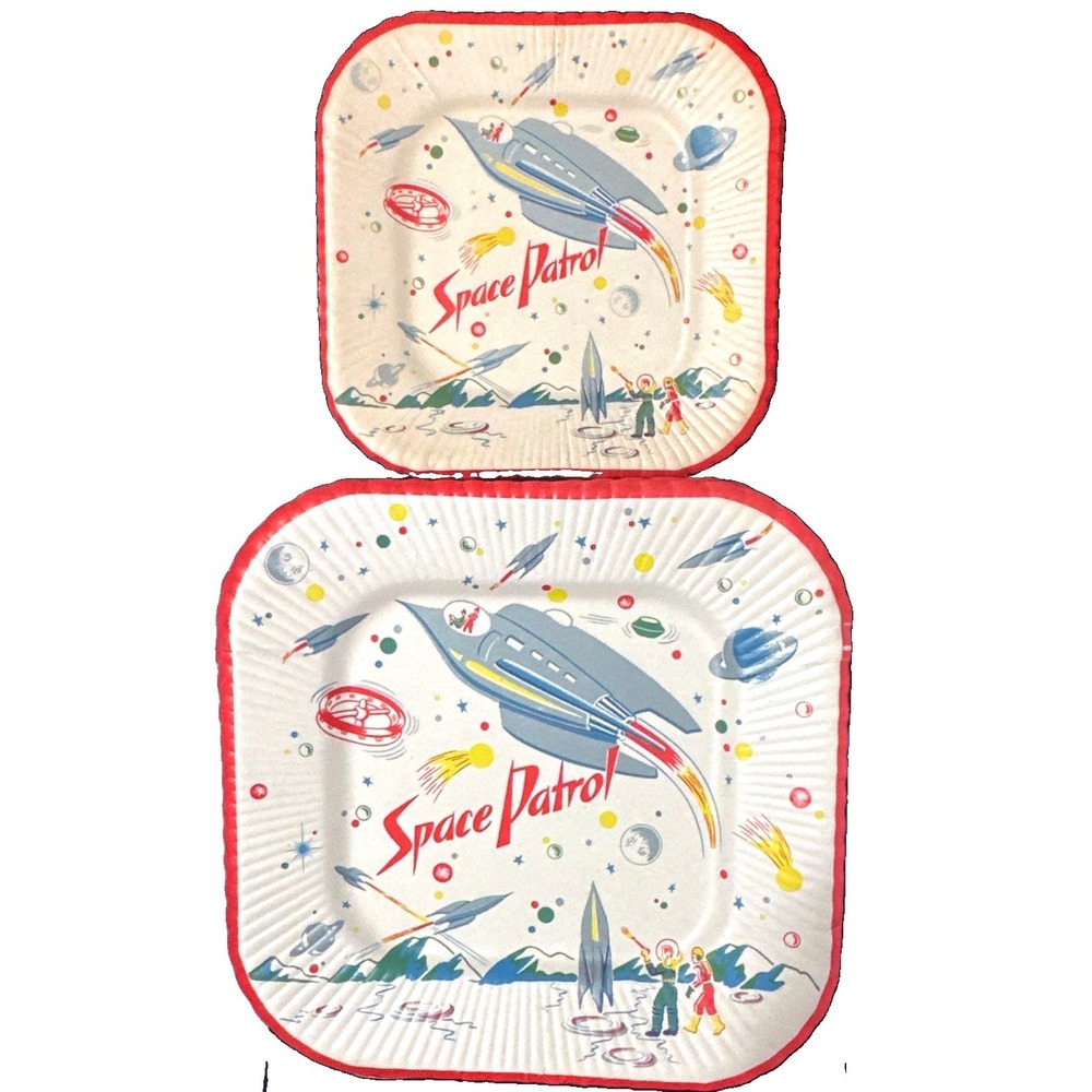 Vintage Space Patrol Paper Plates Set Sci-Fi Rocket Ship Astronauts Retro 1950s